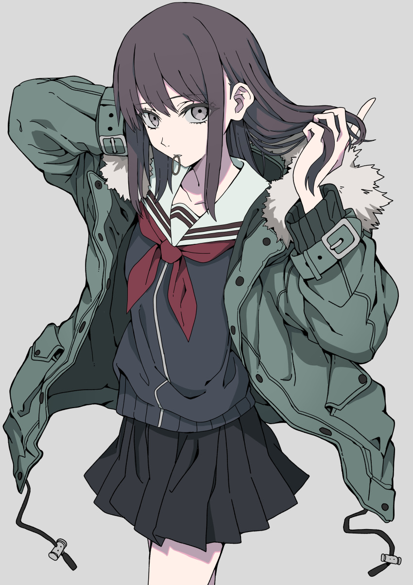 1girl absurdres arm_behind_head black_serafuku black_skirt brown_hair coat collarbone commentary_request cowboy_shot eyes_visible_through_hair fur-trimmed_coat fur_trim green_coat grey_background grey_eyes hair_tie hair_tie_in_mouth haku_geroda hand_in_own_hair highres long_sleeves looking_at_viewer medium_hair miniskirt mouth_hold neckerchief open_clothes open_coat original parted_lips pleated_skirt red_neckerchief sailor_collar school_uniform serafuku sidelocks simple_background skirt solo standing thick_eyelashes thighs tying_hair white_sailor_collar