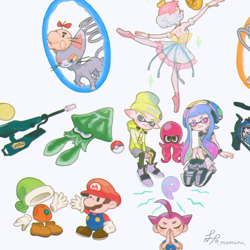 2girls 3boys ahoge ballet black_wristband brown_footwear closed_mouth crossover crown doseisan dress giftpia glameow gradient_hair green_hat grey_eyes grey_footwear grey_shirt headphones highres inkling inkling_boy inkling_girl inkling_player_character jacket leg_up magatama mario mario_(series) memi_(gamemix) moon_(love-de-lic) mother_(game) mother_2 multicolored_hair multiple_boys multiple_girls octoling paper_mario pink_eyes player_(moon) poke_ball poke_ball_(basic) pokemon pokkle_(giftpia) portal_(object) portal_(series) praying princess_tutu princess_tutu_(character) purple_hair rayman_limbs red_hat shirt simple_background sitting splatoon_(series) two-tone_hair waving weapon_request white_background white_dress yellow_hat yellow_jacket