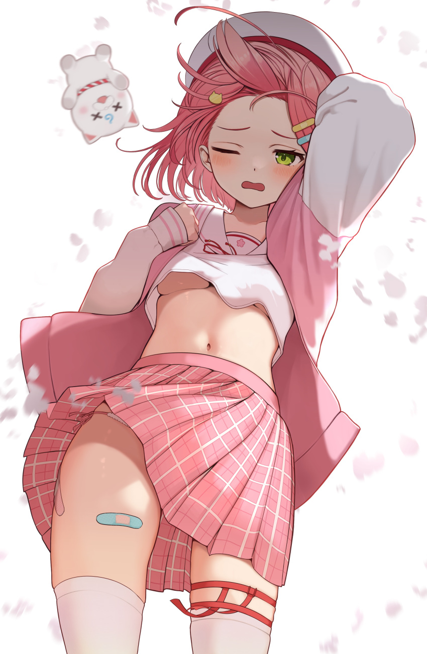 1girl 35p_(sakura_miko) absurdres ahoge bandaid bandaid_hair_ornament bandaid_on_thigh blush breasts buket_pudding_i cat_hair_ornament commentary_request floating_hair from_below green_eyes hair_ornament hat highres holding holding_clothes holding_hat hololive jacket knees_out_of_frame letterman_jacket long_sleeves medium_breasts midriff navel neck_ribbon no_bra official_alternate_costume official_alternate_hairstyle one_eye_closed open_clothes open_jacket open_mouth panties panty_peek pink_bandaid pink_hair pink_jacket pink_skirt plaid plaid_skirt pleated_skirt raglan_sleeves ribbon sailor_collar sakura_miko sakura_miko_(school_uniform) school_uniform shirt short_hair side-tie_panties skirt sleeves_past_wrists solo thigh_strap thighhighs underboob underwear virtual_youtuber white_background white_shirt white_sleeves white_thighhighs wind wind_lift x_x
