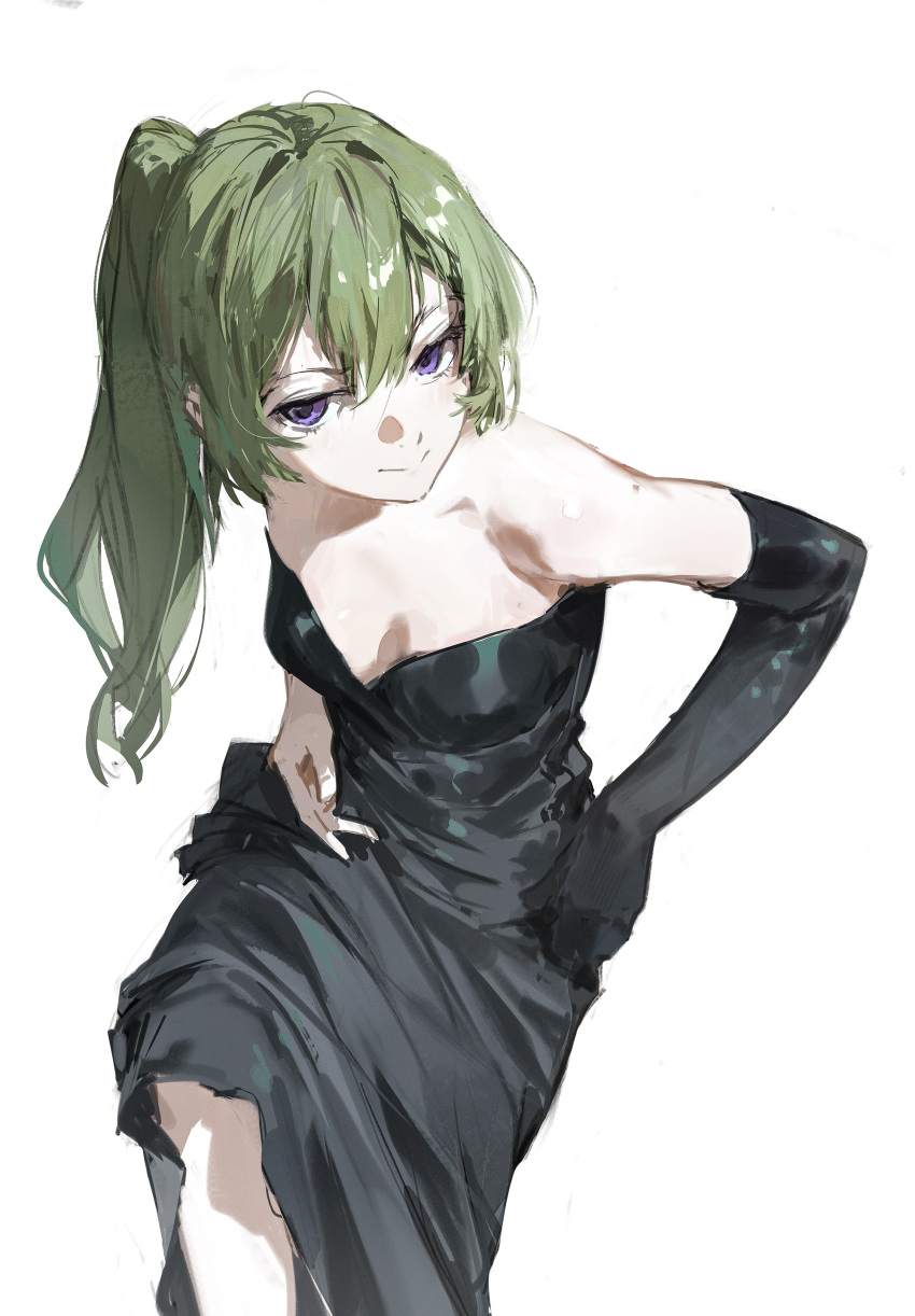 1girl absurdres alternate_costume bare_shoulders black_dress cowboy_shot dino_(dinoartforame) dress elbow_gloves gloves green_hair highres jitome looking_at_viewer purple_eyes side_ponytail simple_background single_glove smile solo sousou_no_frieren strapless strapless_dress ubel_(sousou_no_frieren) white_background