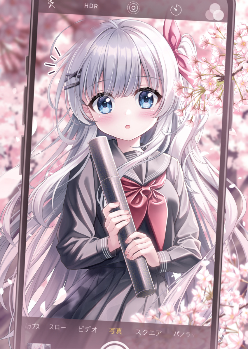 1girl :o ahoge black_sailor_collar black_serafuku black_skirt blue_eyes blurry blurry_background bow cellphone cherry_blossoms floating_hair grey_hair hair_bow hair_intakes hair_ornament hairclip highres holding icon_(computing) light_blush long_hair looking_at_viewer neckerchief notice_lines one_side_up original outdoors phone pink_bow pleated_skirt red_neckerchief sailor_collar school_uniform serafuku sidelocks skirt sunlight tyutaka0427 uniform upper_body very_long_hair viewfinder x_hair_ornament