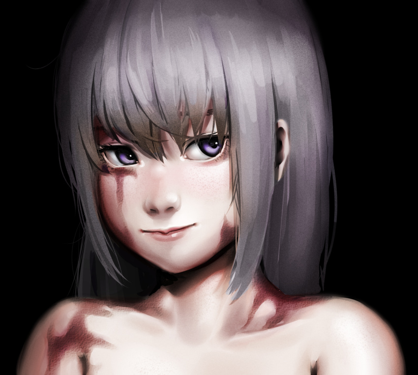 1girl black_background burn_scar closed_mouth collarbone commentary_request dorei_to_no_seikatsu_~teaching_feeling~ eyebrows_hidden_by_hair grey_hair hair_between_eyes highres kuro_kosyou light_smile long_hair looking_to_the_side nude portrait purple_eyes scar simple_background solo sylvie_(dorei_to_no_seikatsu)