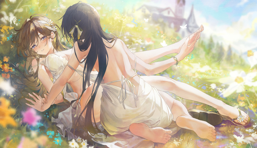 2girls absurdres arm_support back backboob bare_shoulders barefoot black_hair blue_eyes blurry blurry_background blurry_foreground bracelet braid breasts brown_hair cleavage commentary_request dress falling_petals feet flower grass green_ribbon hair_flower hair_ornament hair_ribbon hand_on_another's_foot highres jewelry large_breasts leg_lift long_hair lying multiple_girls on_back original outdoors petals ribbon single_braid slippers soles strap_slip swkl:d tree white_dress yuri