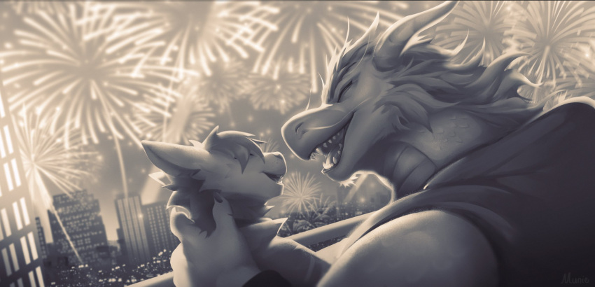2024 anthro city cityscape detailed_background digital_media_(artwork) digital_painting_(artwork) dragon duo eastern_dragon fireworks hair hi_res holidays light lighting lunar_new_year male munie mythological_creature mythological_scalie mythology new_year open_mouth open_smile scalie shaded size_difference smile