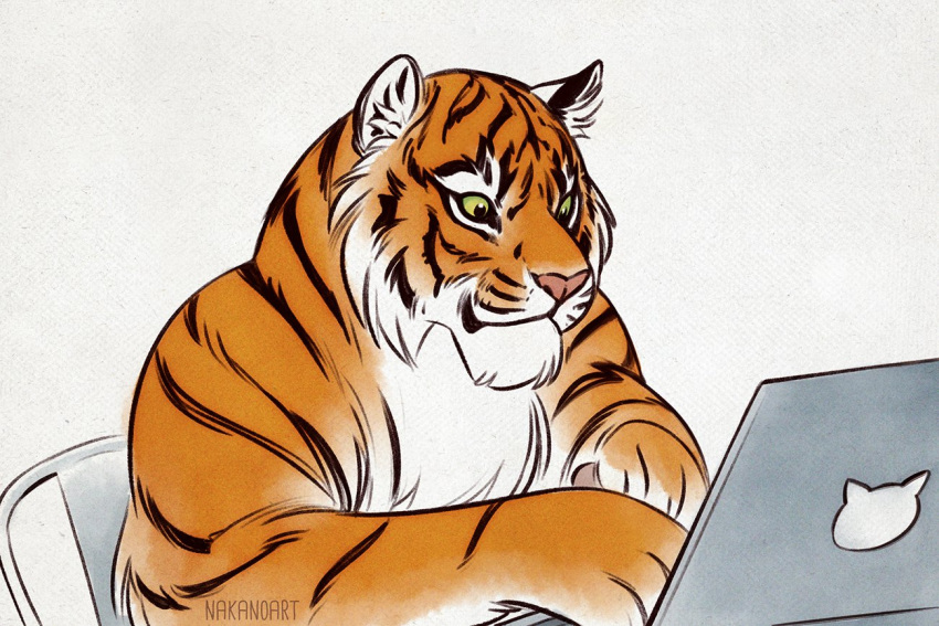 artist_name closed_mouth commentary computer english_commentary green_eyes indoors laptop nana_nakano no_humans orange_fur original tiger upper_body