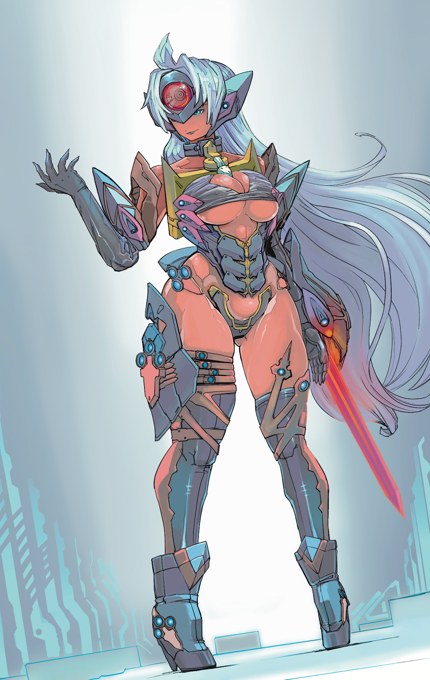 1girl android bare_shoulders blue_eyes breasts cleavage cyborg dark-skinned_female dark_skin elbow_gloves gloves highres large_breasts long_hair looking_at_viewer simple_background solo sword t-elos thighhighs underboob very_long_hair weapon xenosaga yamanushi