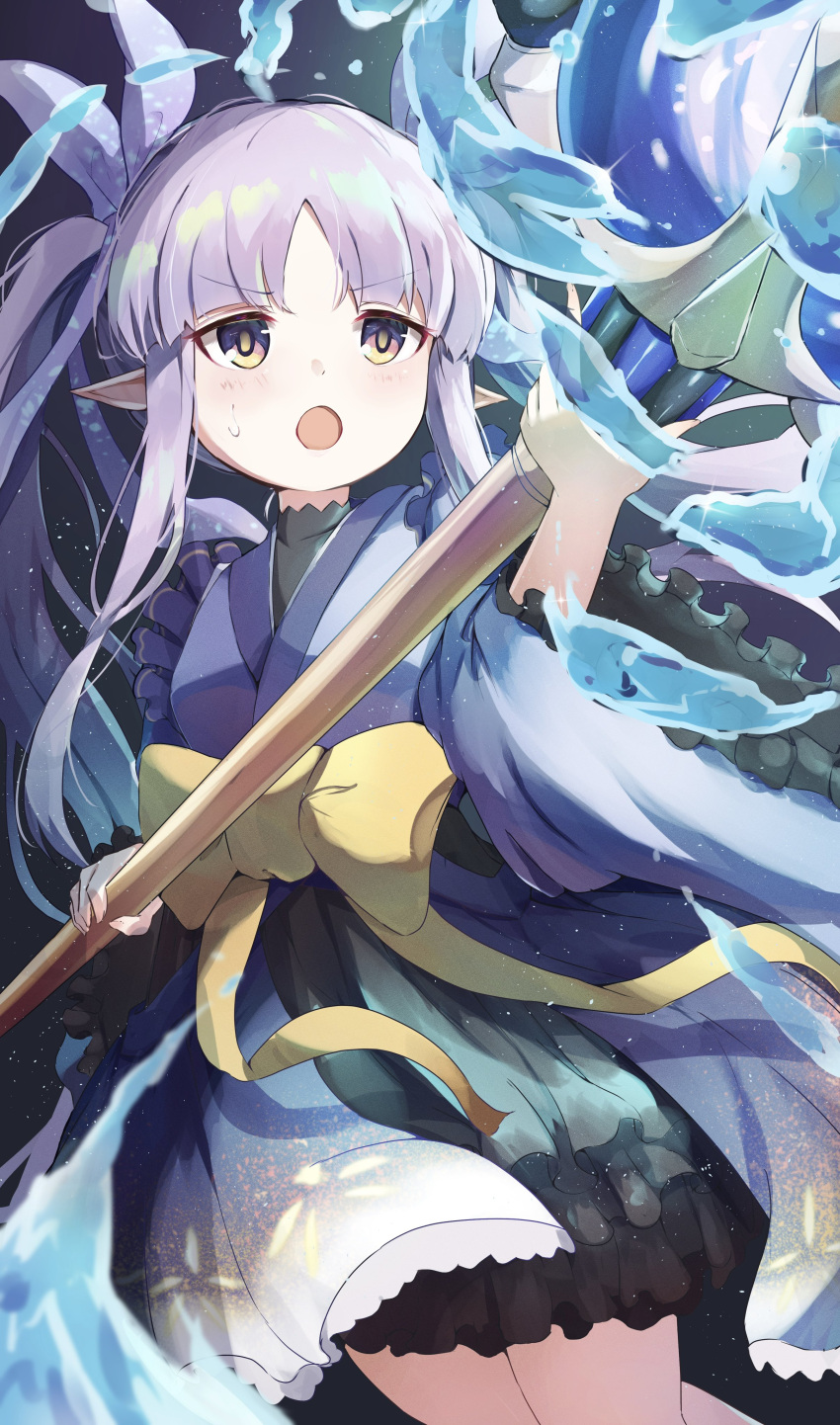 1girl absurdres black_skirt blue_kimono blue_ribbon elf highres holding holding_staff japanese_clothes kimono kyouka_(princess_connect!) long_hair long_sleeves open_mouth orb pointy_ears princess_connect! purple_hair ribbon skirt solo staff sweat twintails very_long_hair wide_sleeves wimawi