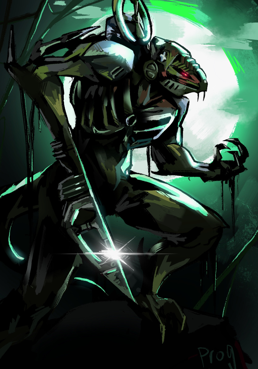 1boy arm_blade bionicle english_commentary fewer_digits glint glowing glowing_eyes green_eyes green_theme highres looking_ahead male_focus matau_(bionicle) prog_ares solo the_lego_group weapon