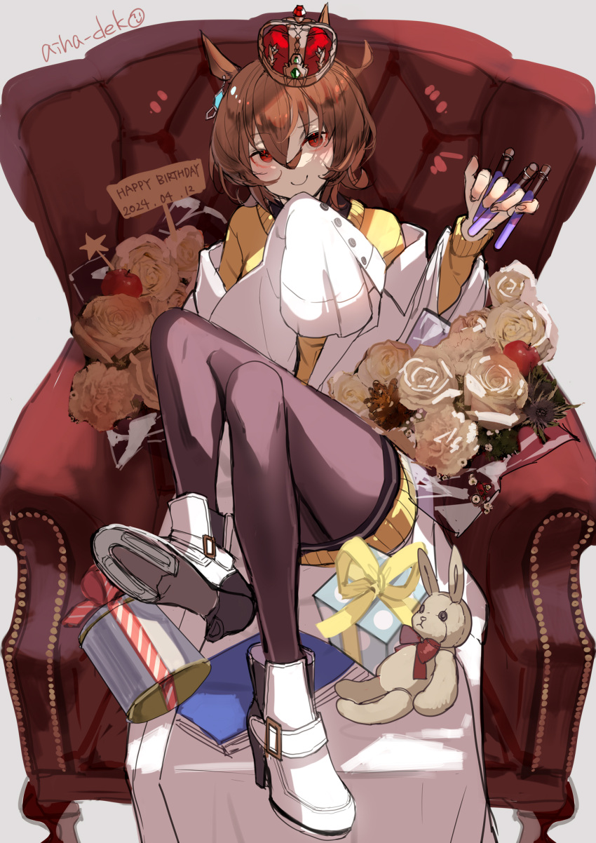 1girl agnes_tachyon_(umamusume) ahoge aiha-deko animal_ears black_pantyhose black_shirt blush book brown_hair coat coat_partially_removed commentary_request cork crossed_legs crown dated hair_between_eyes happy_birthday high_heels highres holding holding_test_tube horse_ears horse_girl horse_tail horseshoe lab_coat long_sleeves open_clothes open_coat pantyhose red_eyes shirt short_hair sign simple_background sleeves_past_fingers sleeves_past_wrists smile solo stuffed_animal stuffed_toy sweater tail test_tube twitter_username umamusume white_background white_coat white_footwear yellow_sweater