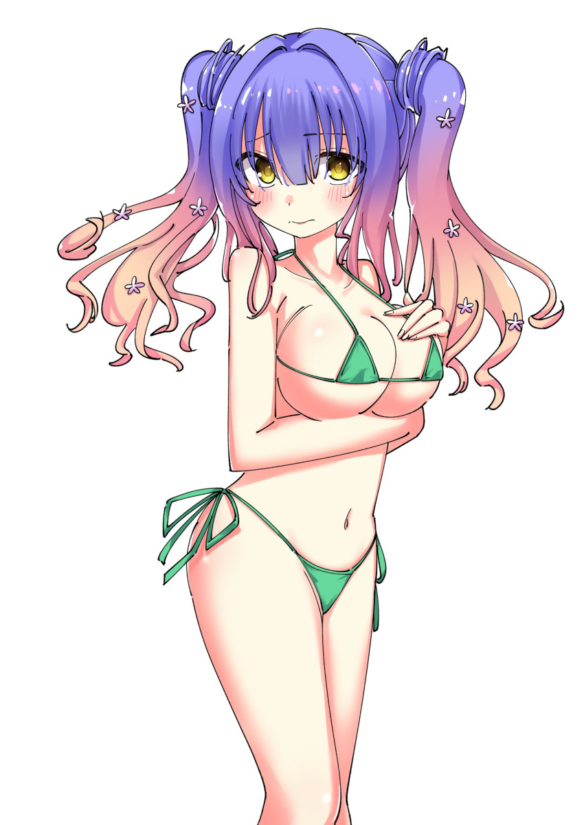 1girl 3: arm_under_breasts bare_arms bikini blue_hair blunt_bangs blush breasts cleavage closed_mouth commentary_request commission curvy eyes_visible_through_hair feet_out_of_frame flower gradient_hair green_bikini hair_between_eyes hair_flower hair_intakes hair_ornament halterneck hand_on_own_chest hand_up highres kohibari_kurumi large_breasts long_hair looking_at_viewer micro_bikini multicolored_hair navel nzuwaiganin orange_hair pink_flower pink_hair shy side-tie_bikini_bottom simple_background skeb_commission solo standing swimsuit tenshi_souzou_re-boot! tsurime twintails white_background yellow_eyes