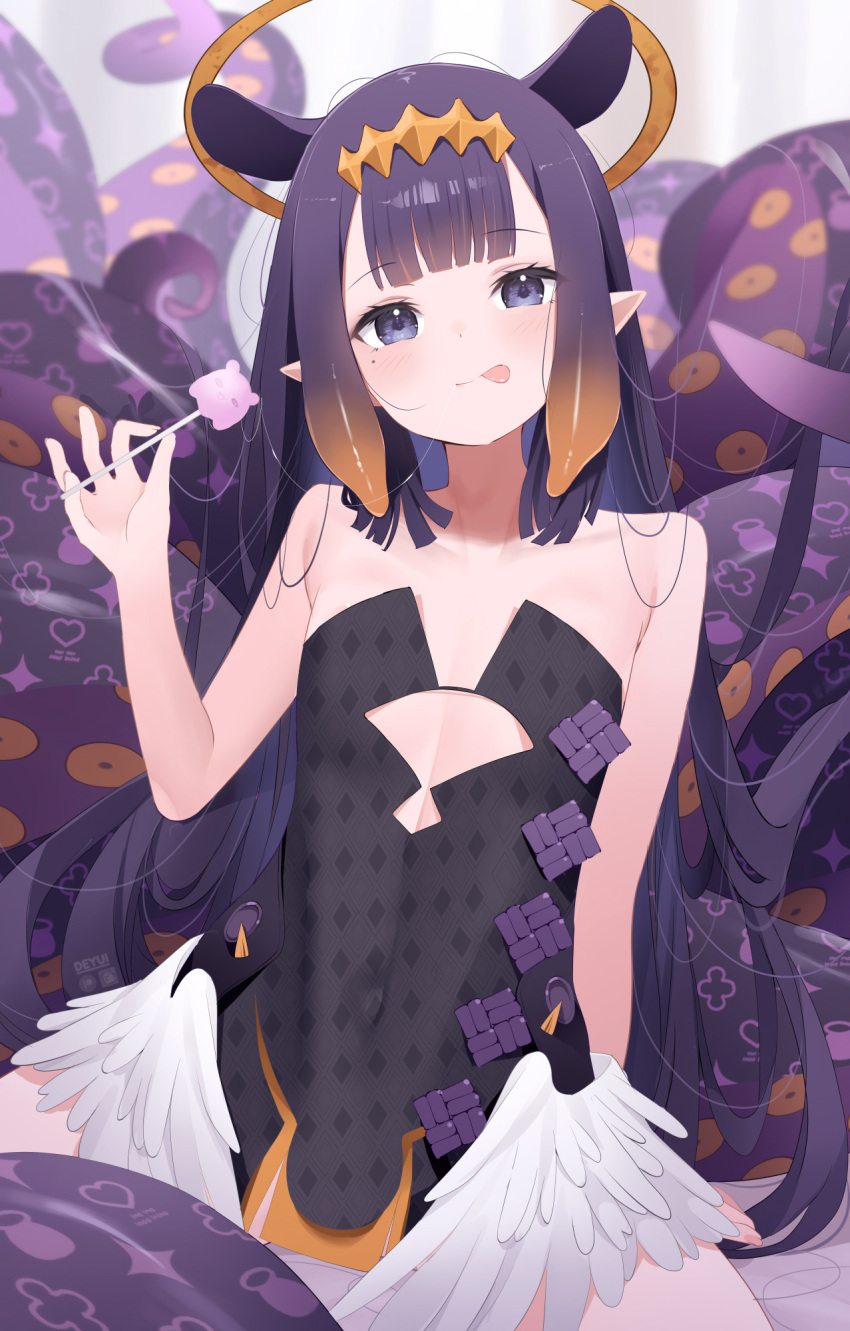 1girl :q bare_shoulders black_dress blue_eyes blush candy commentary deyui dress feathered_wings flat_chest food halo highres holding holding_candy holding_food holding_lollipop hololive lollipop looking_at_viewer low_wings mole mole_under_eye ninomae_ina'nis ninomae_ina'nis_(1st_costume) orange_hair purple_hair solo strapless strapless_dress tentacle_hair tentacles tongue tongue_out upper_body virtual_youtuber white_wings wings yellow_halo