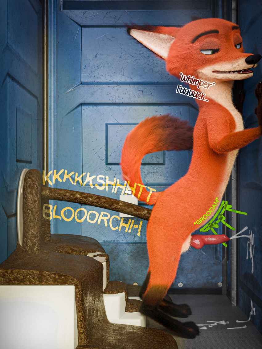 3d_(artwork) absurd_res against_door against_surface anthro blender_(software) blender_cycles bloated bodily_fluids brown_body brown_eyebrows brown_fur canid canine cum dialogue digital_media_(artwork) digitigrade disney door ejaculation english_text eyebrows feces feces_on_ground fox fur genital_fluids genitals green_eyes hi_res kenresek knot looking_pleasured male mammal nick_wilde onomatopoeia orange_body orange_fur penis pooping portapotty raised_tail red_penis rumbling_stomach scat solo sound_effects tail text toilet_paper toilet_use zootopia