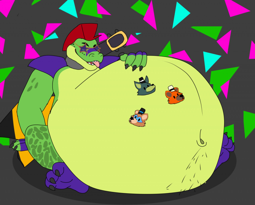 alejo_garci alligator alligatorid animatronic anthro bear belly belly_hair belly_slap belly_slapping big_belly body_hair canid canine canis crocodilian electric_guitar eyewear fan_character five_nights_at_freddy's five_nights_at_freddy's:_security_breach glamrock_freddy group guitar hair hand_on_belly machine male male/male male_pred male_prey mammal montgomery_gator multiple_prey musical_instrument navel navel_outline original_character plucked_string_instrument predator/prey reptile robot satisfied satisfied_look scalie scottgames sitting sitting_on_ground slap solo steel_wool_studios string_instrument sunglasses sunglasses_on_face tongue tongue_out vore wolf