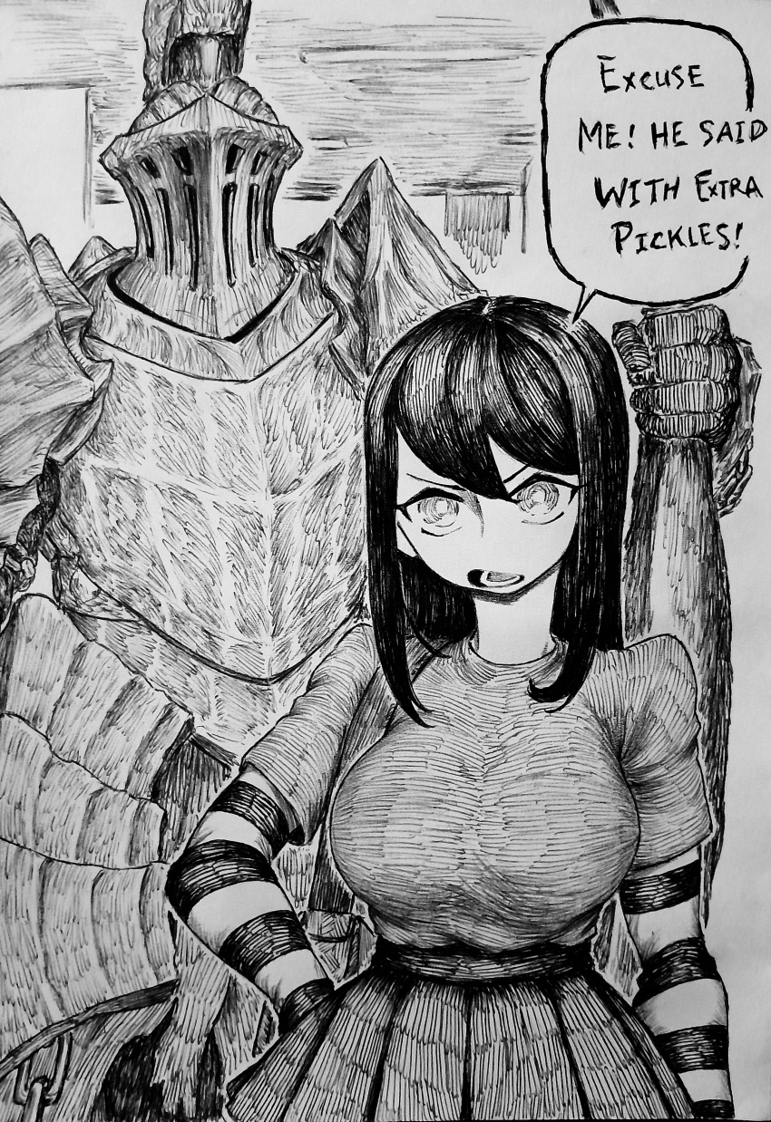 1boy 1girl absurdres armor black_hair breasts chronozbergh commentary dark_souls_(series) dark_souls_i english_text full_armor greyscale hand_on_own_hip havel_the_rock helm helmet highres holding_club large_breasts long_hair monochrome open_mouth original speech_bubble traditional_media v-shaped_eyebrows