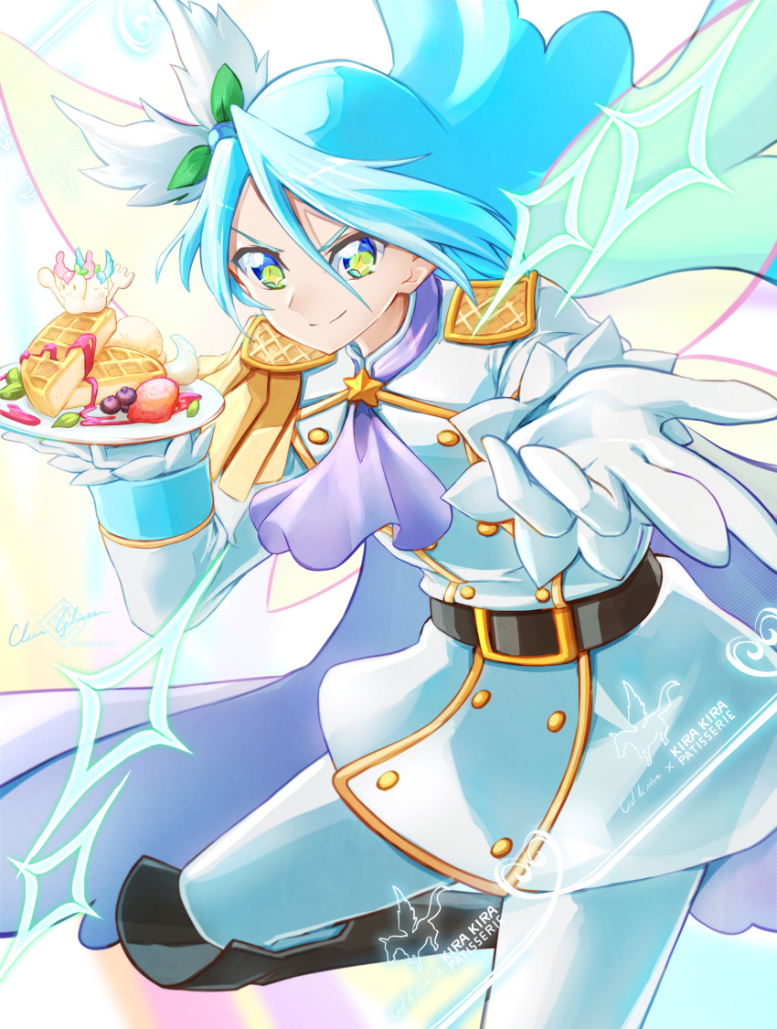 1boy artist_name blue_hair cape clear_glass_(mildmild1311) commentary_request cure_waffle eyelashes food gloves hair_ornament happy highres julio_(precure) kirakira_precure_a_la_mode long_hair looking_at_viewer magical_boy pikario_(precure) precure signature smile solo standing twitter_username waffle white_gloves