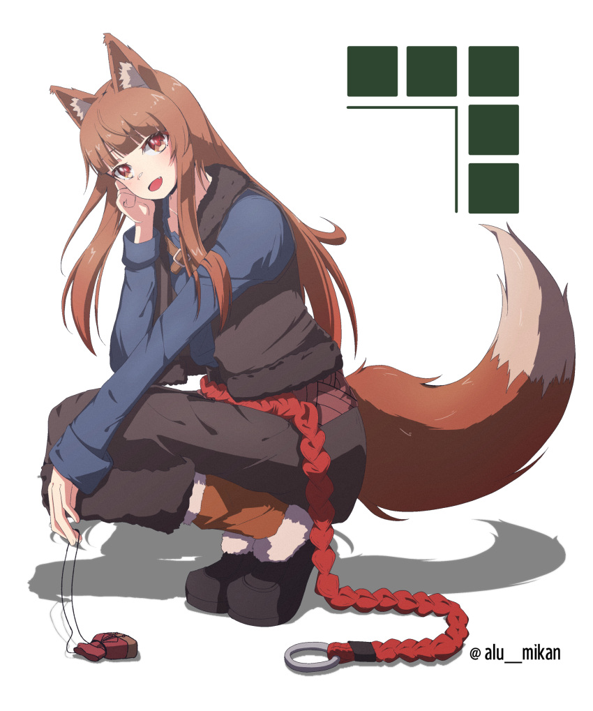 1girl :d absurdres alu_mikan animal_ear_fluff animal_ears black_footwear black_skirt black_vest blue_shirt blunt_bangs blush brown_eyes brown_hair commentary drop_shadow fang full_body fur-trimmed_skirt fur-trimmed_vest fur_trim hand_on_own_cheek hand_on_own_face hand_up head_rest highres holding holding_jewelry holding_necklace holo jewelry long_hair long_sleeves looking_at_viewer necklace open_clothes open_mouth open_vest shirt shoes sidelocks simple_background skirt smile solo spice_and_wolf squatting straight_hair tail twitter_username very_long_hair vest white_background wolf_ears wolf_girl wolf_tail