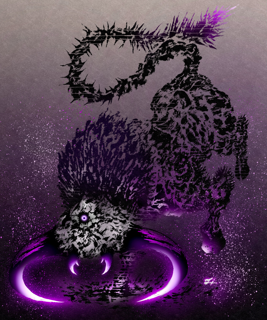 absurdres deadpool_yuchan elden_ring fallingstar_beast full_body glowing glowing_eye gradient_background highres hooves light_particles mandibles monster monster_focus no_humans one-eyed purple_eyes purple_theme signature solo spiked_tail sumi-e tail