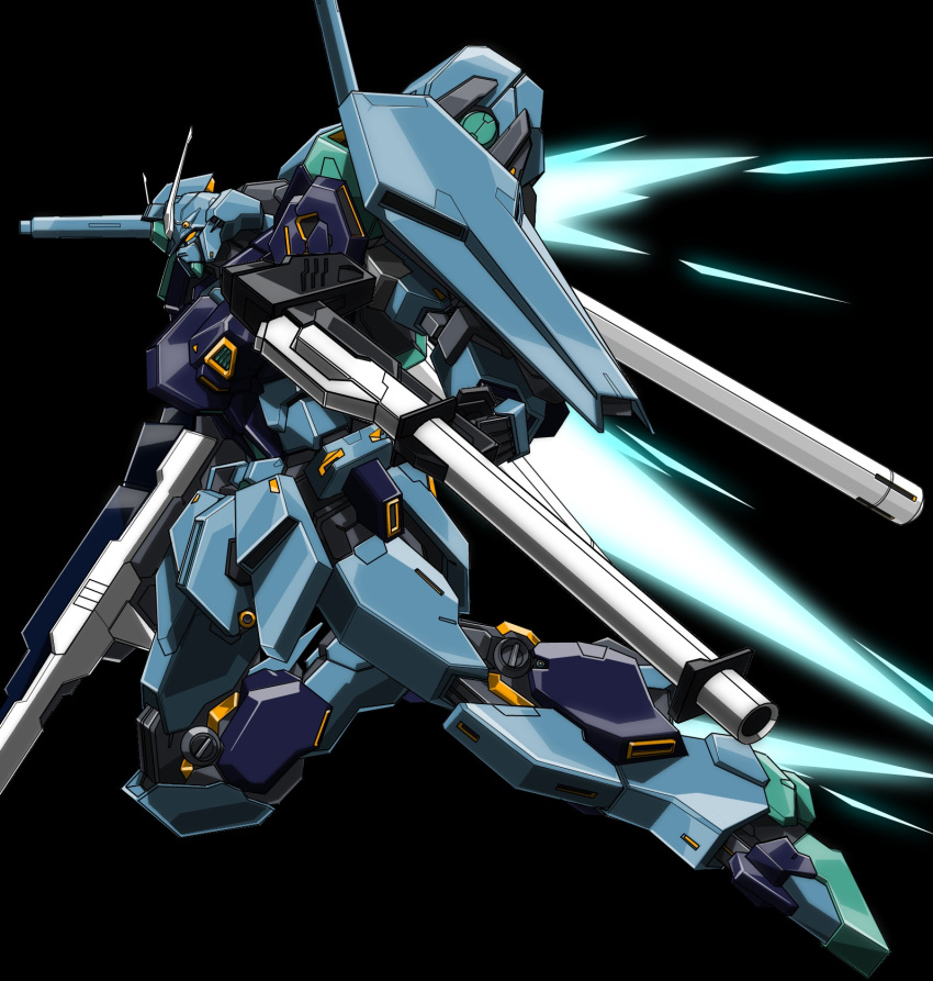 arm_shield bazooka_(gundam) beam_rifle beastkingbarbaros black_background char's_counterattack commentary_request energy_gun exhaust flying gun gundam gundam_msv highres holding holding_gun holding_weapon looking_ahead mecha mecha_focus mobile_suit no_humans nu_gundam_mp_type robot science_fiction shoulder_cannon simple_background solo v-fin weapon yellow_eyes