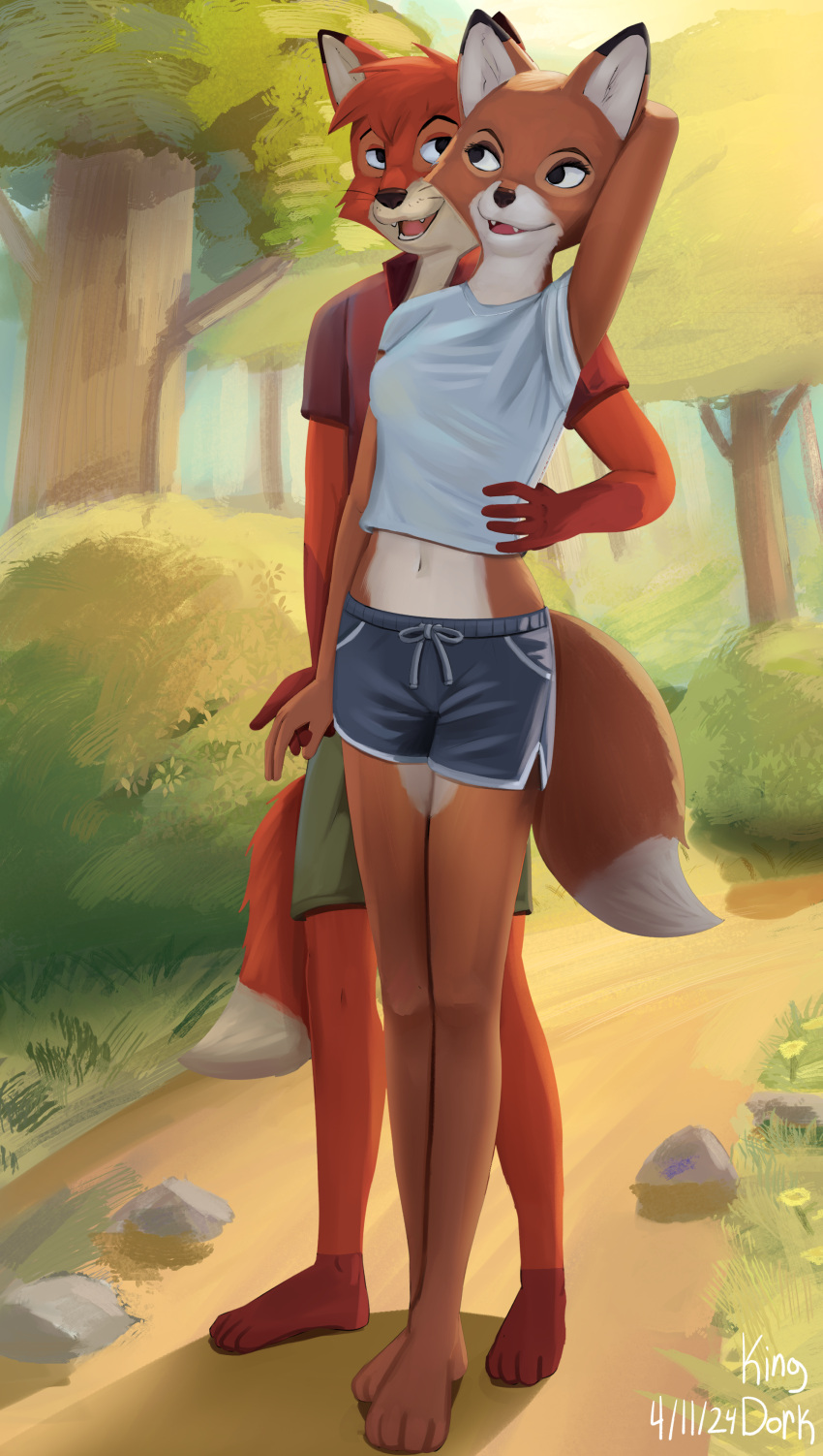 2024 4_toes 5_fingers absurd_res anthro anthro_on_anthro anthrofied barefoot black_nose bottomwear canid canine clothed clothing dated digital_media_(artwork) digital_painting_(artwork) dipstick_ears dipstick_tail disney duo fangs feet female fingers forest fox fur hand_behind_head hand_holding hand_on_hip hi_res hindpaw humanoid_hands kingdorkster looking_at_another looking_at_partner male male/female mammal markings multicolored_body multicolored_ears multicolored_fur nature navel open_mouth open_smile outside paws plant plantigrade red_body red_fox red_fur romantic romantic_couple shirt shorts signature smile standing tail tail_markings teeth the_fox_and_the_hound tod_(tfath) toes topwear tree true_fox two_tone_body two_tone_fur vixey_(tfath) white_body white_fur