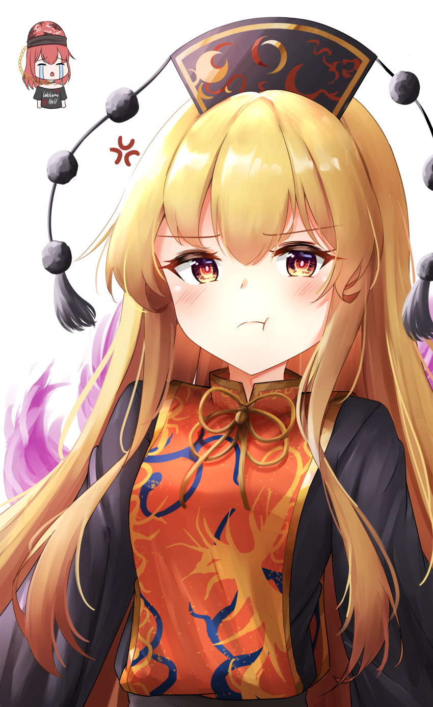 2girls aged_down anger_vein black_dress black_shirt blonde_hair blush chain chinese_clothes closed_mouth clothes_writing commentary crescent crescent_print crying dress gold_chain hat hecatia_lapislazuli highres junko_(touhou) kuneamorai long_hair long_sleeves looking_at_viewer multicolored_clothes multiple_girls off-shoulder_shirt off_shoulder phoenix_crown phoenix_print pout print_headwear red_hair red_tabard shirt short_sleeves streaming_tears t-shirt tabard tears touhou underworld_(ornament) very_long_hair