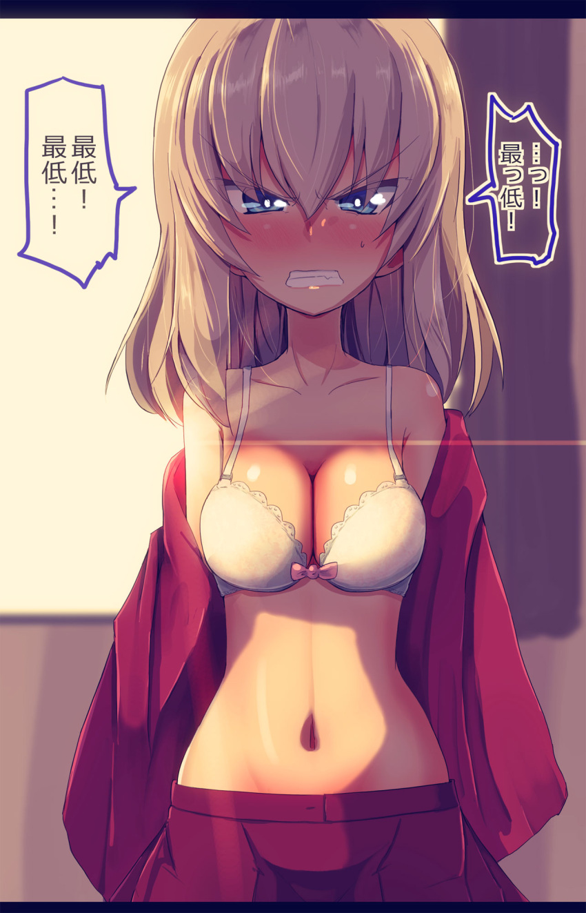 1girl backlighting blue_eyes blush bow bow_bra bra breasts cleavage clothes_pull dress_shirt frown girls_und_panzer glaring grey_hair grimace highres indoors itsumi_erika jinguu_(4839ms) letterboxed long_sleeves medium_breasts medium_hair navel open_clothes open_shirt pleated_skirt pulled_by_self red_shirt red_skirt shirt shirt_pull skirt solo standing sweatdrop underwear undressing v-shaped_eyebrows white_bra window