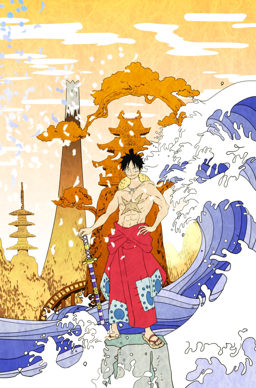 1boy absurdres black_hair bridge castle chonmage commentary_request flip-flops full_body hand_on_own_hip hat highres japanese_clothes kimono kojima_takashi male_focus monkey_d._luffy official_alternate_costume official_alternate_hairstyle one_piece red_kimono sandals scar scar_on_chest scar_on_face solo straw_hat sword topknot topless_male waving weapon