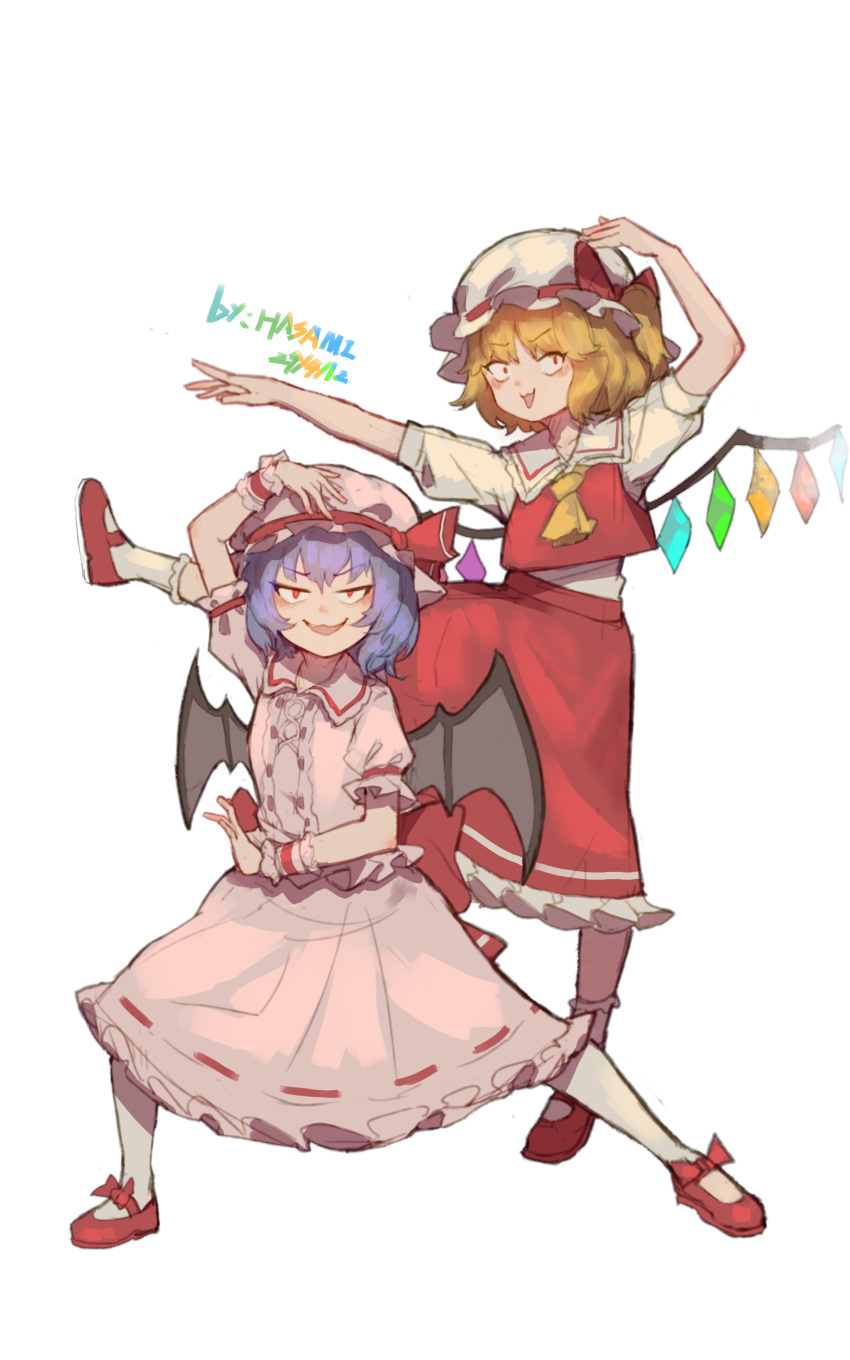 2girls absurdres ascot bat_wings blonde_hair bow commentary crystal_wings dated flandre_scarlet full_body hat hat_bow highres hua_ha_jiazi mob_cap multiple_girls pink_shirt pink_skirt purple_hair red_bow red_eyes red_footwear red_skirt red_vest remilia_scarlet shirt short_hair short_sleeves siblings simple_background sisters skirt symbol-only_commentary touhou vest white_background wings yellow_ascot