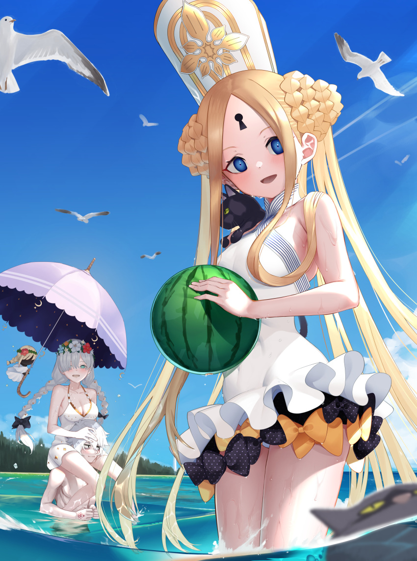 1boy 2girls abigail_williams_(fate) abigail_williams_(swimsuit_foreigner)_(fate) abigail_williams_(swimsuit_foreigner)_(second_ascension)_(fate) absurdres anastasia_(fate) anastasia_(swimsuit_archer)_(fate) anastasia_(swimsuit_archer)_(second_ascension)_(fate) ball bare_shoulders beach beachball bird black_bow black_cat blonde_hair blue_eyes blue_sky blush bow braid braided_bun breasts brown_eyes cat cleavage collarbone day doll double_bun dress dress_swimsuit fate/grand_order fate_(series) flower_wreath forehead grey_hair hair_bow hair_bun hair_over_one_eye hat head_wreath highres kadoc_zemlupus keyhole large_breasts long_hair looking_at_viewer mitre multiple_girls ocean one-piece_swimsuit open_mouth orange_bow outdoors parasol parted_bangs revision seagull shiro_ami short_hair sidelocks sky small_breasts smile swimsuit thighs twin_braids twintails umbrella very_long_hair viy_(fate) wading watermelon_beachball white_dress white_hair white_one-piece_swimsuit