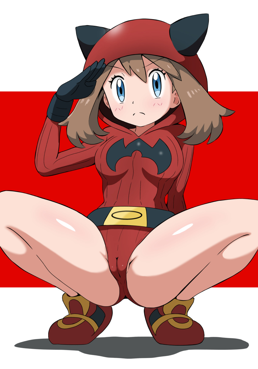 1girl belt black_belt black_gloves blue_eyes breasts brown_hair cameltoe closed_mouth commentary_request eyelashes fake_horns frown gloves hand_up highres hood hood_up hooded_leotard horns leotard may_(pokemon) partially_visible_vulva pokemon pokemon_oras red_footwear red_leotard ribbed_leotard salute shiny_skin shoes solo split_mouth spread_legs squatting team_magma team_magma_uniform tonbi_(enbitonbi)