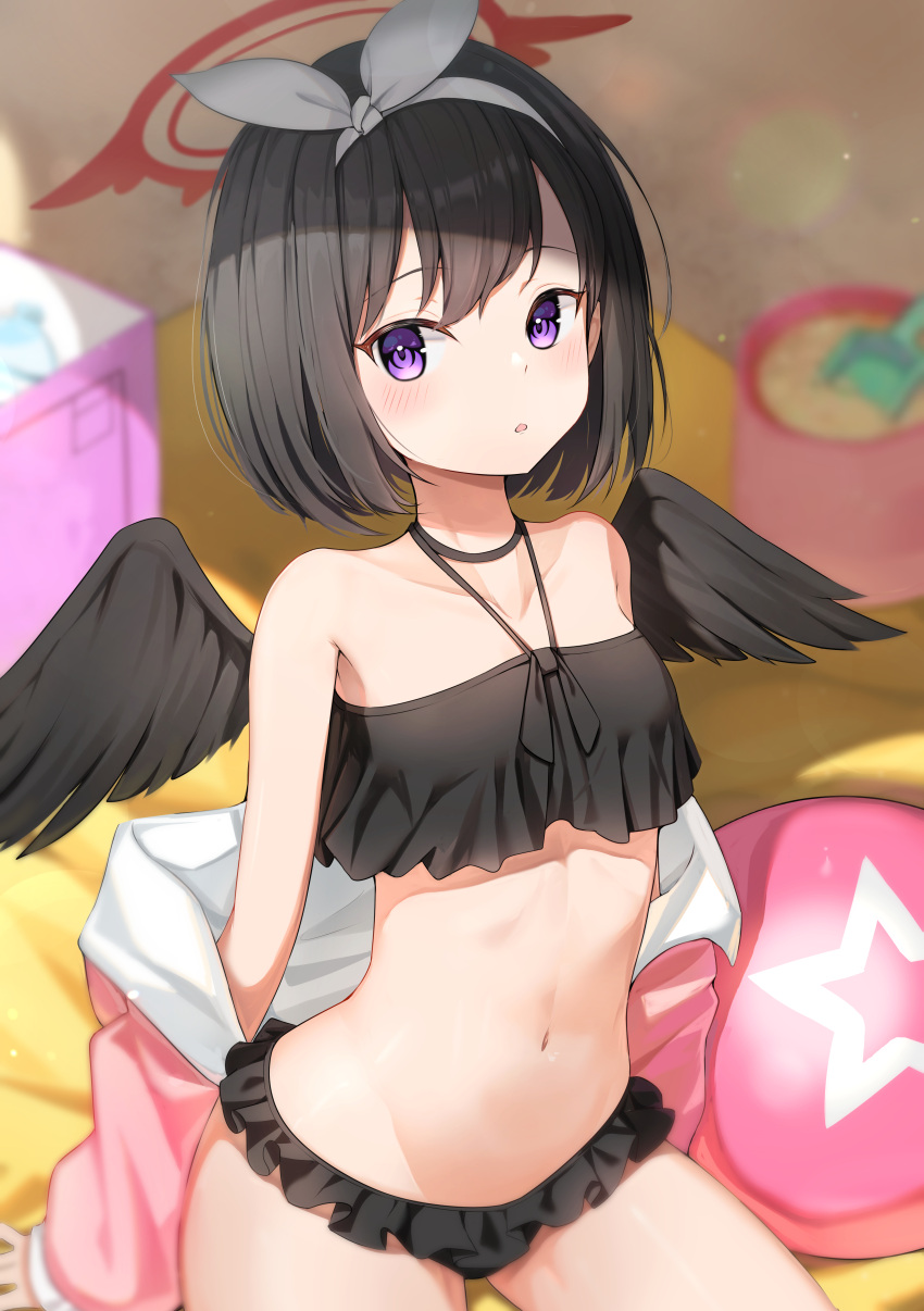 1girl :o absurdres arm_support bangs bare_shoulders bikini black_bikini black_hair black_wings blue_archive blurry blush bow_hairband breasts choker collarbone cowboy_shot depth_of_field feathered_wings frilled_bikini frills hairband halo halter_top halterneck highres jacket looking_at_viewer mashiro_(blue_archive) mashiro_(swimsuit)_(blue_archive) navel off_shoulder parted_lips pink_jacket purple_eyes revision short_hair sitting small_breasts solo stomach swimsuit thighs three_twosix white_hairband wings
