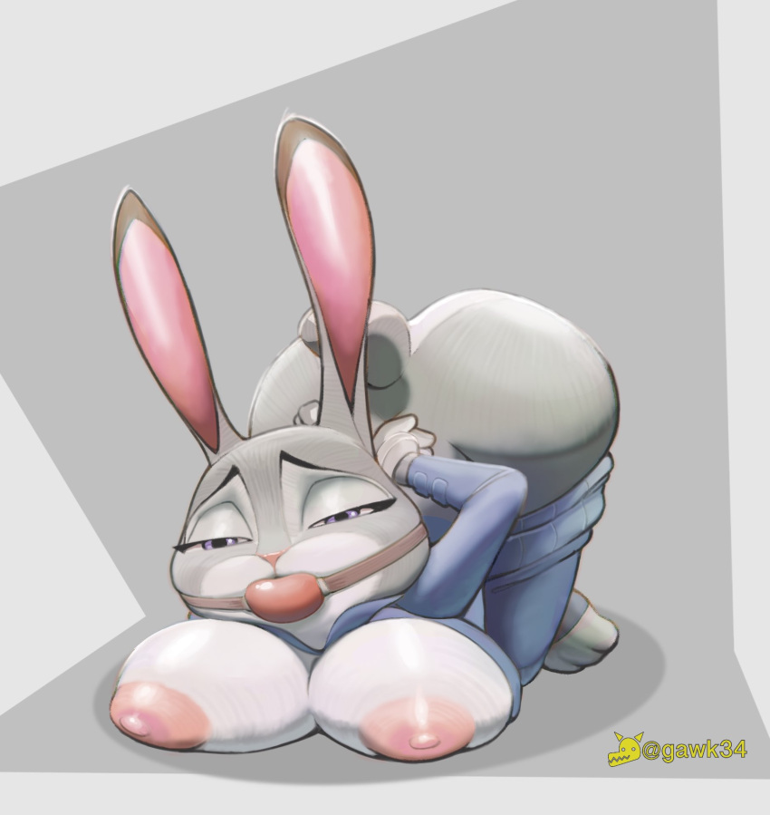 anthro arms_tied arms_tied_behind_back ball_gag bdsm big_breasts bound breasts butt clothing disney female fur gag gawk34 grey_body grey_fur hands_behind_back hi_res judy_hopps lagomorph leporid looking_at_viewer mammal nipples purple_eyes rabbit solo zootopia