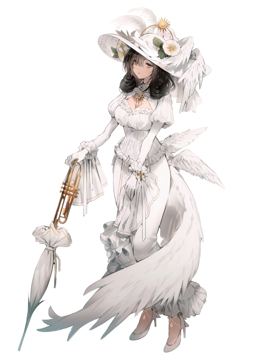 1girl absurdres black_hair breasts cleavage cleavage_cutout clothing_cutout corset cross cross_necklace dress flower frilled_dress frills hat hat_feather hat_flower high_heels highres holding holding_instrument holding_trumpet holding_umbrella instrument jewelry large_breasts large_hat long_hair looking_at_viewer low_wings multiple_wings necklace necrologist parted_lips reverse:1999 simple_background siyrgr solo sun_hat trumpet umbrella white_background white_corset white_dress wings yellow_eyes