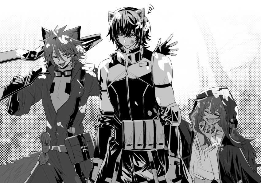 1girl 2boys :d ;d animal_ears arknights broca_(arknights) cat_boy cat_ears chiave_(arknights) closed_eyes crossed_bangs fangs fingerless_gloves flint_(arknights) fox_boy fox_ears fox_tail gloves goggles goggles_around_neck hair_between_eyes height_difference holding hood hood_up iwashi_80 jacket long_hair material_growth multiple_boys one_eye_closed open_mouth oripathy_lesion_(arknights) patting_back pouch rope sharp_teeth shirt smile tail teeth unamused upper_teeth_only