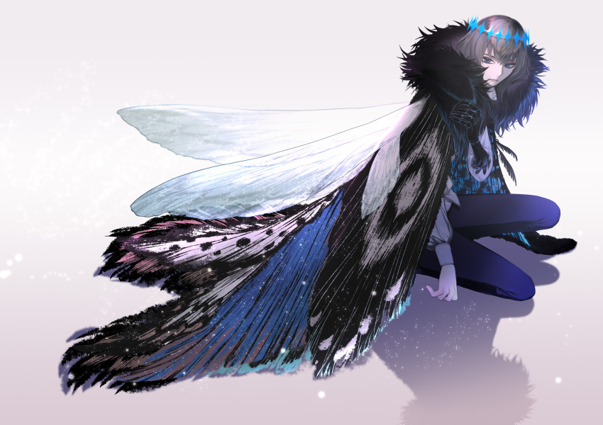 1boy 2987504667 absurdres arthropod_boy black_hair blue_eyes bug cape cloak collared_shirt crown diamond_hairband dragonfly_wings fate/grand_order fate_(series) fur-trimmed_cape fur-trimmed_cloak fur_trim highres insect_wings long_sleeves looking_at_viewer male_focus oberon_(fate) oberon_(third_ascension)_(fate) official_alternate_hair_color original shirt short_hair simple_background solo white_shirt wing_cape wings