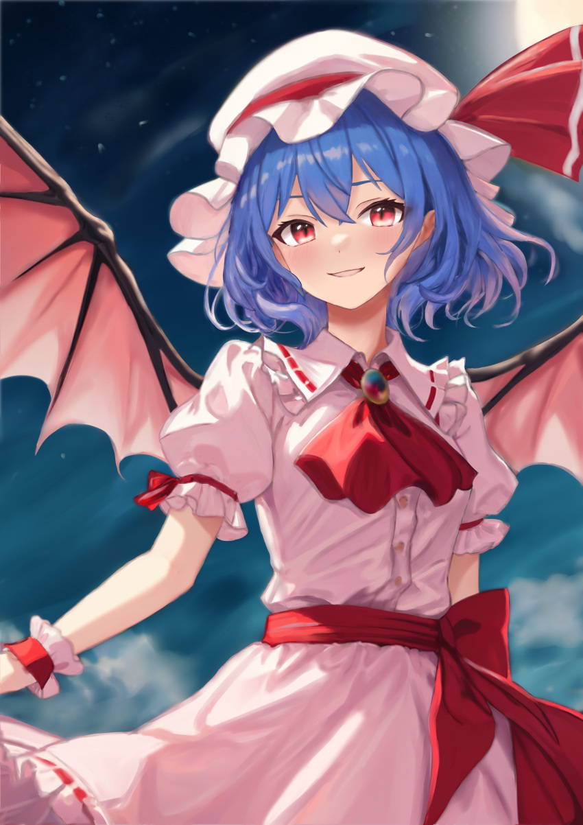 1girl :d absurdres arm_at_side ascot bat_wings blue_hair blush ciruciru0810 commentary_request cowboy_shot crossed_bangs eyebrows_hidden_by_hair eyelashes floating_hair frilled_shirt_collar frilled_wrist_cuffs frills hair_between_eyes hat hat_ribbon highres looking_at_viewer mob_cap night open_mouth outdoors pink_hat pink_shirt pink_skirt puffy_short_sleeves puffy_sleeves red_ascot red_eyes red_ribbon remilia_scarlet ribbon shirt short_hair short_sleeves skirt slit_pupils smile solo touhou tsurime wings wrist_cuffs