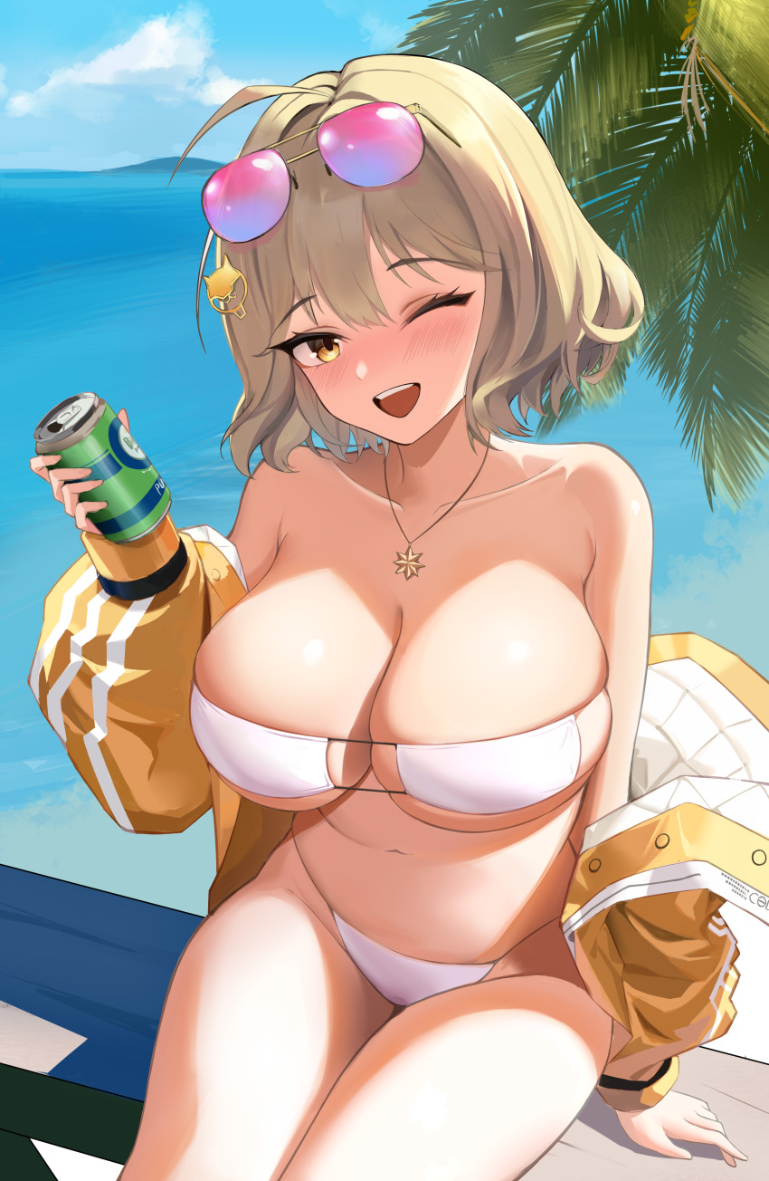 1girl absurdres anis_(nikke) anis_(sparkling_summer)_(nikke) aviator_sunglasses bikini bingzhi_juzi blue_sky breasts brown_eyes can cloud day drink_can eyepatch_bikini eyewear_on_head goddess_of_victory:_nikke highres holding holding_can jacket jewelry large_breasts light_brown_hair looking_at_viewer navel necklace ocean official_alternate_costume one_eye_closed outdoors palm_tree pink-tinted_eyewear short_hair sitting sky soda_can solo sunglasses swimsuit tinted_eyewear tree white_bikini yellow_jacket
