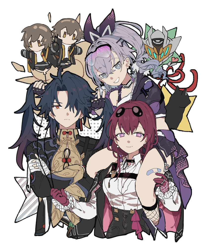 2boys 3girls artist_request balloon bandaged_arm bandages black_coat black_hair black_jacket blade_(honkai:_star_rail) caelus_(honkai:_star_rail) carrying cat chest_harness chibi chinese_clothes coat crop_top drill_hair drill_ponytail earrings eyewear_on_head fingerless_gloves gloves grey_eyes grey_hair hair_between_eyes hair_over_one_eye harness helmet highres holding_another's_hair honkai:_star_rail honkai_(series) jacket jewelry kafka_(honkai:_star_rail) lin_yuan_haruyoshi long_sleeves looking_at_viewer multiple_boys multiple_girls parted_bangs purple_eyes purple_gloves purple_hair red_eyes sam_(honkai:_star_rail) shirt shorts shoulder_carry silver_wolf_(honkai:_star_rail) single-shoulder_shirt smile stelle_(honkai:_star_rail) trailblazer_(honkai:_star_rail) white_background white_shirt yellow_eyes