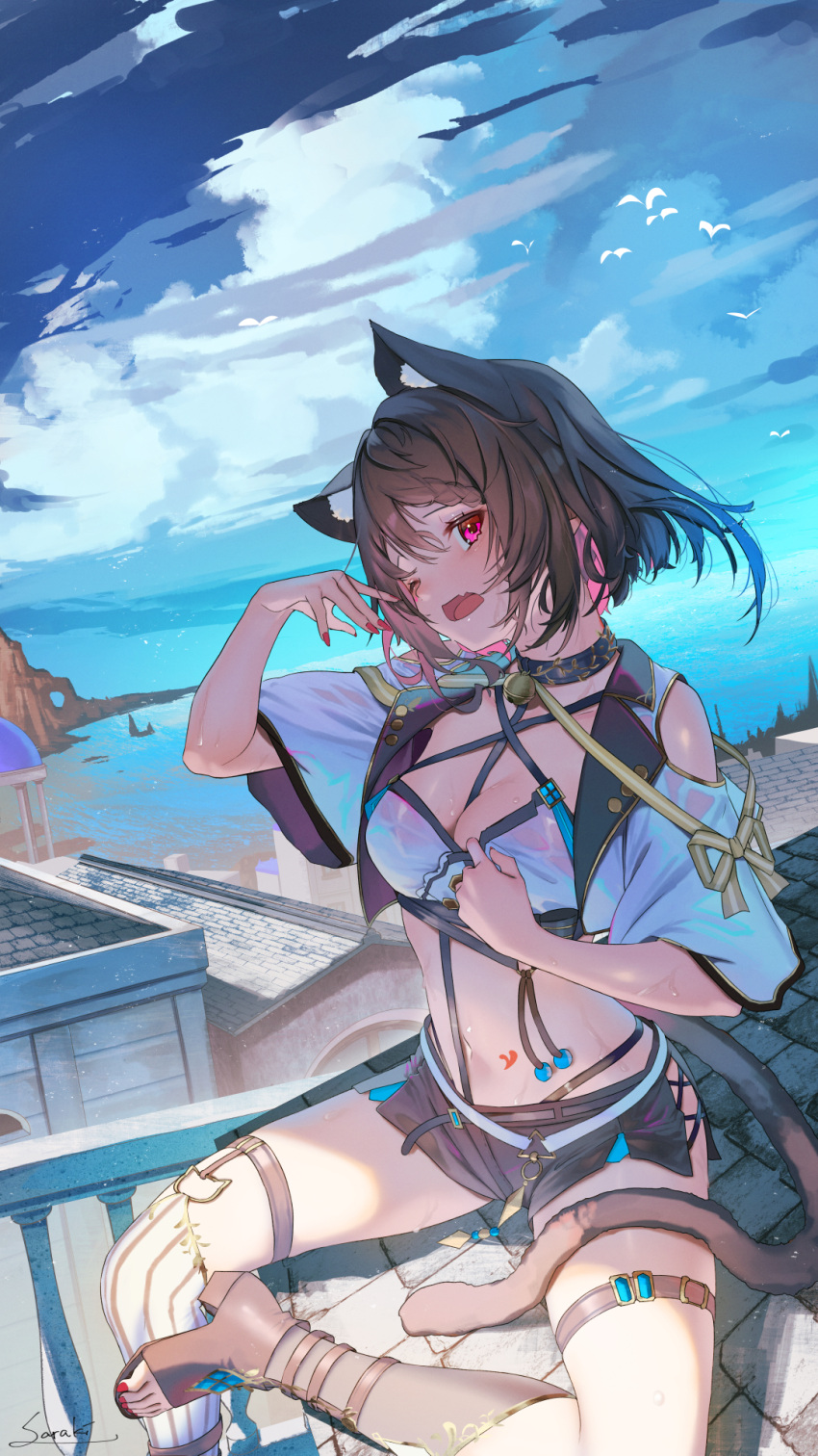 1girl animal_ear_fluff animal_ears bell belt bird blue_sky braid breasts brown_footwear brown_hair cat_ears cat_girl cat_tail cleavage cloud cloudy_sky colored_inner_hair day fang highres jingle_bell looking_at_viewer medium_breasts multicolored_hair nail_polish navel neck_bell ocean one_eye_closed open_mouth original outdoors paid_reward_available pink_hair puffy_short_sleeves puffy_sleeves red_eyes red_nails saraki seagull shadow short_hair short_sleeves single_thighhigh sitting skin_fang sky solo striped striped_legwear sweat tail thigh_belt thigh_strap thighhighs toeless_footwear toenail_polish toenails two-tone_hair wet