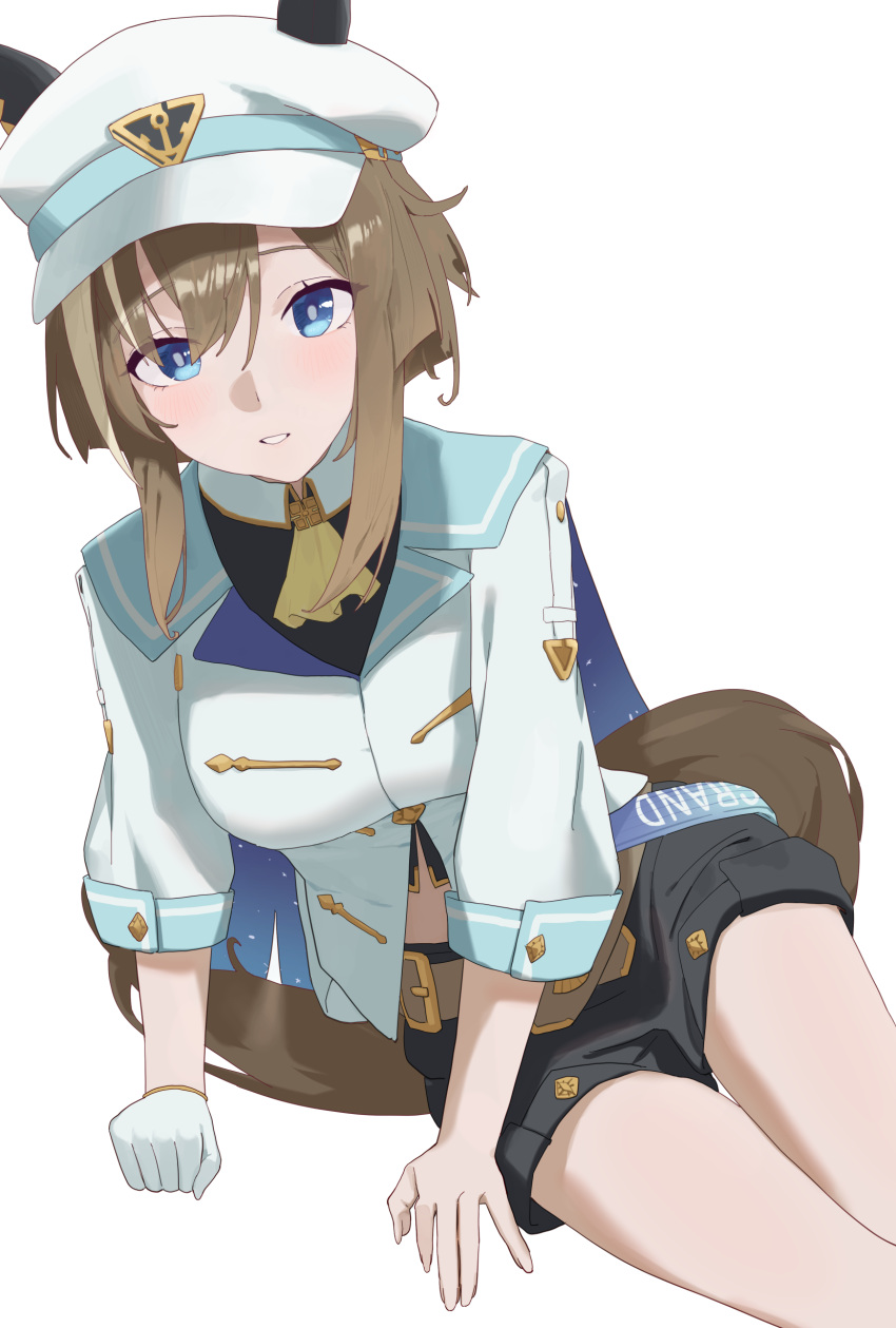 1girl absurdres animal_ears arm_support ascot asobi_nin black_shorts blue_eyes brown_hair cheval_grand_(umamusume) gloves hat highres horse_ears horse_girl horse_tail light_blush midriff_peek multicolored_hair open_mouth peaked_cap shirt shorts simple_background single_glove sleeves_past_elbows solo streaked_hair tail thighs umamusume white_background white_gloves white_hair white_shirt yellow_ascot
