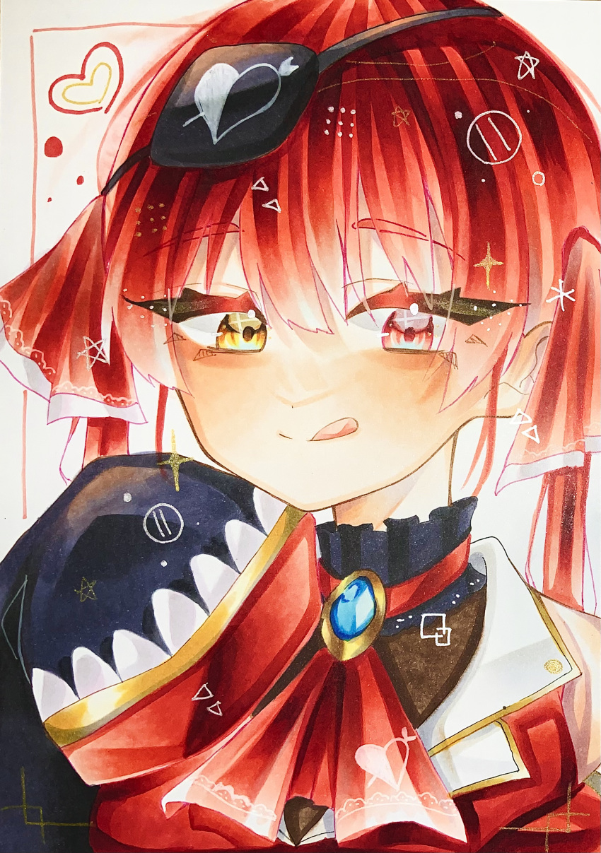 1girl absurdres akami_ao heart heterochromia highres hololive houshou_marine licking_lips looking_at_viewer portrait red_eyes red_hair sleeves_past_fingers sleeves_past_wrists solo square tongue tongue_out virtual_youtuber yellow_eyes