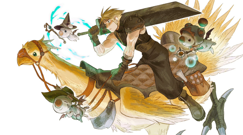 1boy armor bird blonde_hair blue_eyes boots buster_sword chocobo closed_mouth cloud_strife cosplay creature english_commentary final_fantasy final_fantasy_vii final_fantasy_vii_remake gloves highres holding holding_reins holding_staff holding_sword holding_weapon kenesu male_focus moogle reins riding riding_bird saddle shirt short_hair shoulder_armor single_shoulder_pad sleeveless sleeveless_turtleneck smile spiked_hair staff suspenders sword turtleneck weapon white_background white_mage_(final_fantasy) white_mage_(final_fantasy)_(cosplay)