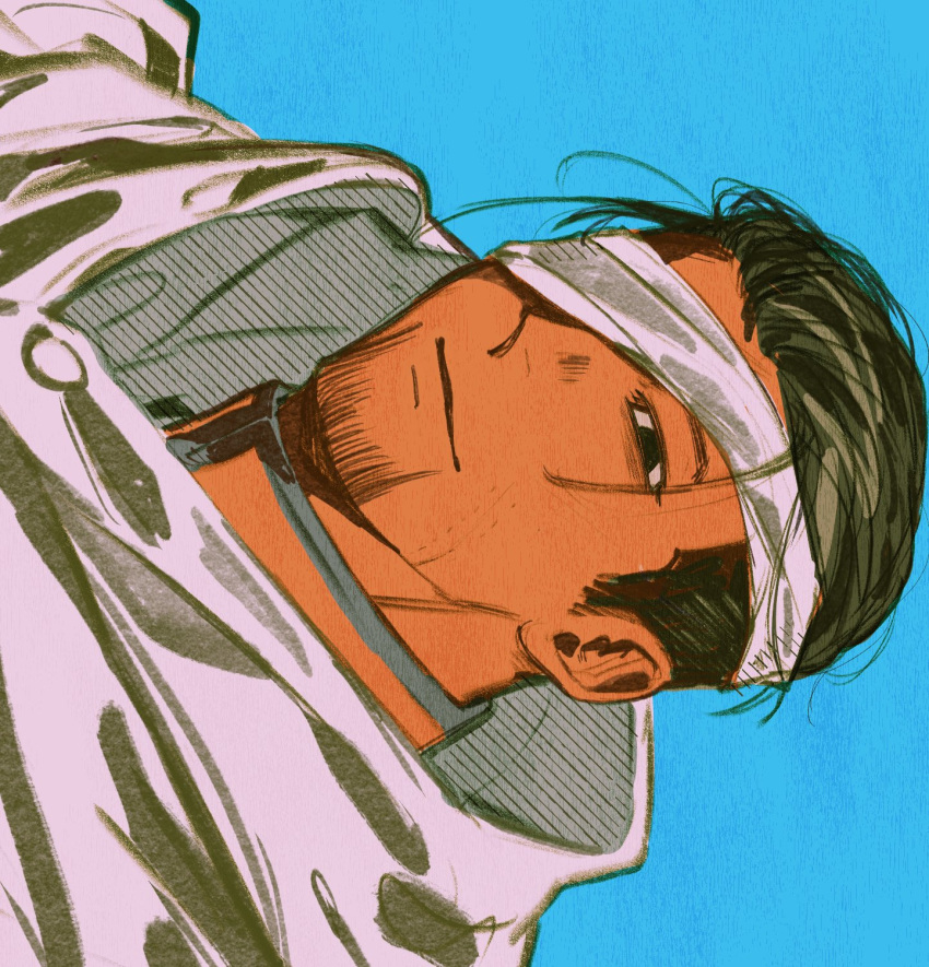 1boy akisu_(00_hba1c) bandage_over_one_eye black_eyes black_hair cloak closed_mouth facial_hair goatee golden_kamuy hair_slicked_back highres hood hood_down hooded_cloak looking_at_viewer male_focus ogata_hyakunosuke one_eye_covered portrait short_hair sidelocks sideways smirk solo undercut white_cloak