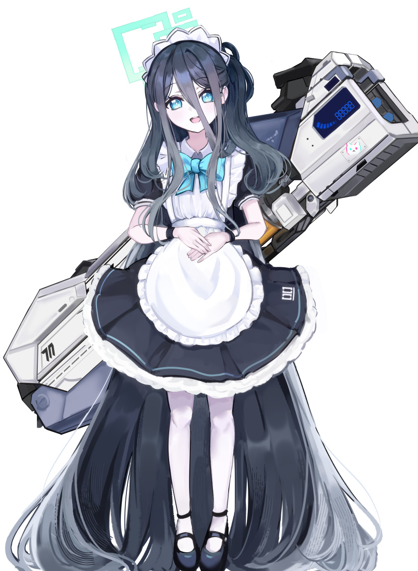 1girl :d @_@ absurdly_long_hair absurdres apron aqua_halo aris_(blue_archive) aris_(maid)_(blue_archive) black_dress black_footwear black_hair black_wristband blue_archive blue_bow blue_bowtie blue_eyes bow bow-shaped_hair bowtie collared_shirt dress frilled_apron frilled_dress frills full_body hair_between_eyes hair_intakes hair_over_shoulder hands_on_own_stomach head_tilt highres huge_weapon long_hair looking_at_viewer maid maid_apron maid_headdress mary_janes number_print official_alternate_costume onmoynn pantyhose pleated_dress puffy_short_sleeves puffy_sleeves railgun shirt shoes short_sleeves sidelocks simple_background smile standing teeth upper_teeth_only very_long_hair weapon weapon_on_back white_apron white_background white_pantyhose