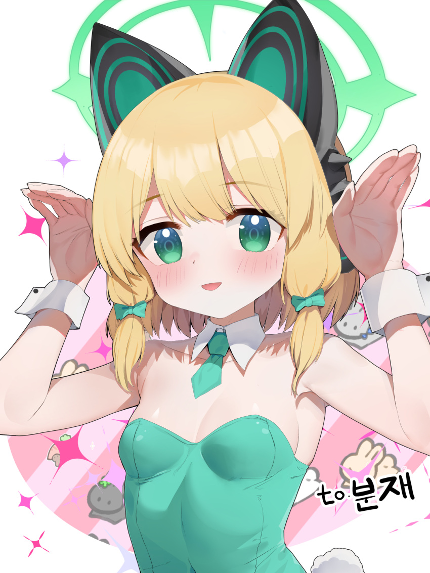 1girl animal_ear_headphones animal_ears blonde_hair blue_archive blush bow breasts cat_ear_headphones detached_collar fake_animal_ears fake_tail green_bow green_eyes green_halo green_leotard green_necktie hair_bow halo headphones highres leotard looking_at_viewer low-tied_sidelocks midori_(blue_archive) necktie open_mouth p-gnesium pink_background playboy_bunny rabbit_pose rabbit_tail second-party_source short_hair small_breasts smile solo strapless strapless_leotard tail two-tone_background upper_body white_background wrist_cuffs