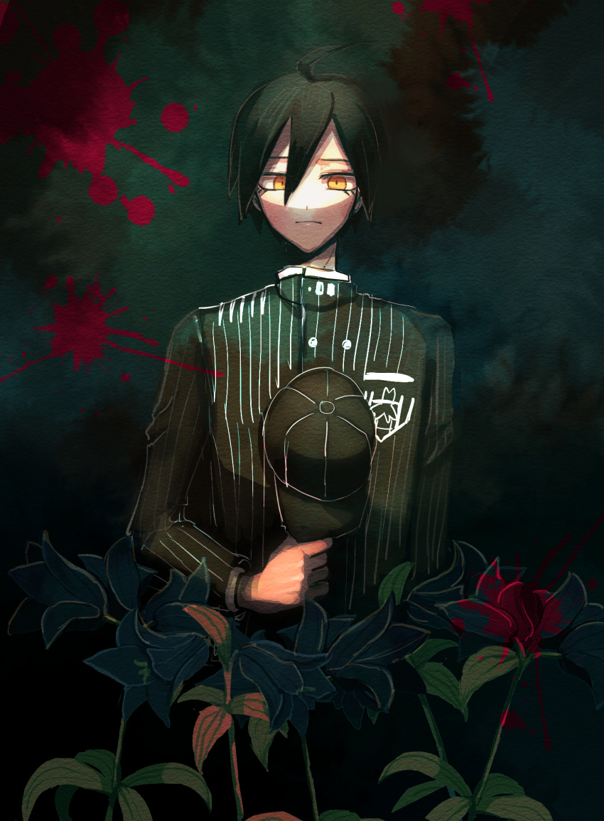 1boy ahoge baseball_cap black_background black_hair black_hat black_jacket black_sleeves blood blood_on_flower blood_stain buttons closed_mouth collared_jacket commentary_request cowboy_shot crest danganronpa_(series) danganronpa_v3:_killing_harmony double-breasted eyelashes flower frown hair_between_eyes hat highres holding holding_clothes holding_hat jacket layered_sleeves long_sleeves looking_at_viewer male_focus pinstripe_jacket pinstripe_pattern pocket saihara_shuichi sarami_(sa_rami30) short_hair simple_background solo vertical-striped_sleeves yellow_eyes
