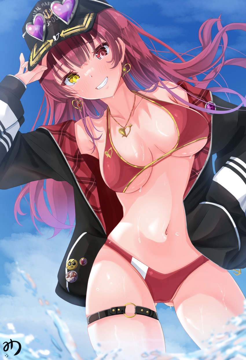 1girl absurdres baseball_cap bikini black_hat black_jacket blue_sky blush earrings eyewear_on_head gold_earrings gold_necklace gold_trim hand_on_own_hip hat heart heart-shaped_eyewear heart_earrings heart_necklace heterochromia highres hololive houshou_marine houshou_marine_(summer) jacket jewelry long_hair looking_at_viewer muutsu_(maxwell0916) navel necklace o-ring o-ring_thigh_strap official_alternate_costume red_bikini red_eyes red_hair sky smile sunglasses swimsuit thigh_strap virtual_youtuber water wet yellow_eyes