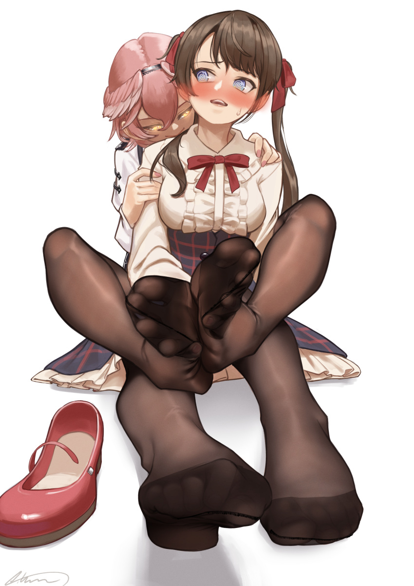 2girls @_@ absurdres aiharararara barefoot behind_another black_pantyhose blue_eyes blush bow breasts brown_hair feet foot_focus frilled_skirt frills hair_bow highres holding_another's_arm hololive large_breasts long_hair looking_at_another multiple_girls oozora_subaru open_mouth pantyhose pink_nails purple_hair red_bow red_footwear short_hair simple_background sitting skirt sweatdrop sweater takane_lui teeth toes twintails upper_teeth_only virtual_youtuber white_background wings yellow_eyes