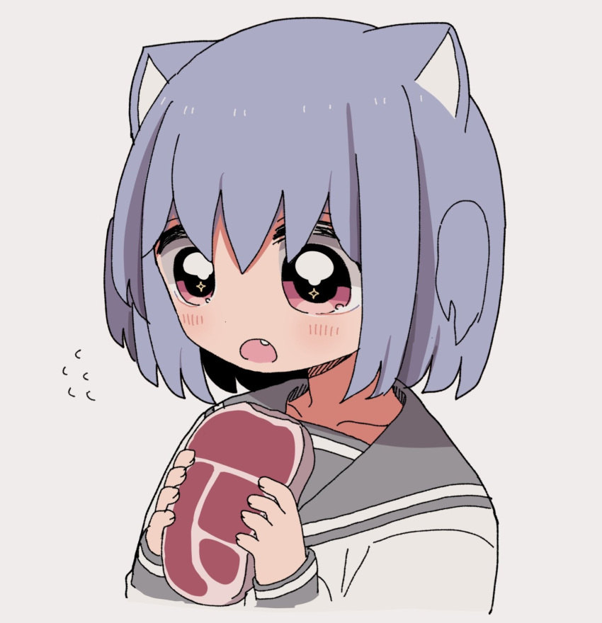 1girl animal_ears blue_hair blush cat_ears cat_girl cropped_torso eating fang food highres holding holding_food long_sleeves looking_down meat nekokawaii_milk open_mouth original pink_eyes raw_meat school_uniform serafuku short_hair solo two_side_up