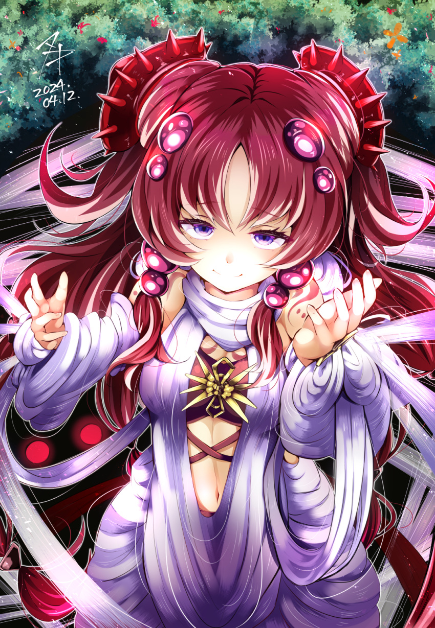 1girl arm_tattoo breasts duel_monster hair_ornament highres long_hair looking_at_viewer navel purple_eyes red_hair sato_(yuki0634) silk smile solo spider_web tattoo traptrix_atypus very_long_hair yu-gi-oh!