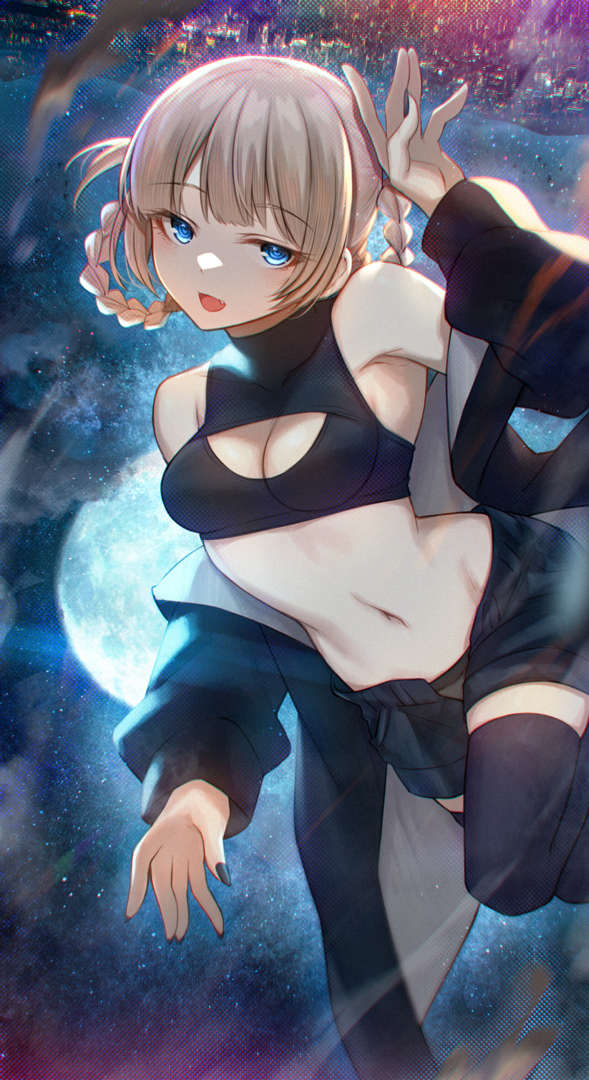 1girl :d akky_(akimi1127) arm_up bangs bare_shoulders black_jacket black_shorts blue_eyes braid breasts brown_hair cleavage cleavage_cutout clothing_cutout commentary_request fang grey_panties hair_rings highres jacket long_sleeves looking_at_viewer nanakusa_nazuna_(yofukashi_no_uta) navel open_clothes open_fly open_jacket open_shorts panties puffy_long_sleeves puffy_sleeves short_shorts shorts small_breasts smile solo thighhighs twin_braids underwear yofukashi_no_uta